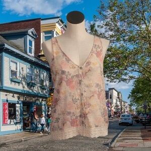 Floral Button-Down Blouse with Lace Trim